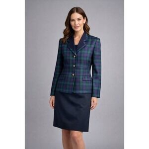 Le Suit 12 Plaid‎ Blazer Skirt Suit Tartan Check Gold Buttons Navy old money